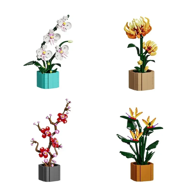 Girassol pássaro do paraíso vaso casa decoração criatividade moc modelo tijolos diy flores bloco de construção presentes para crianças meninas