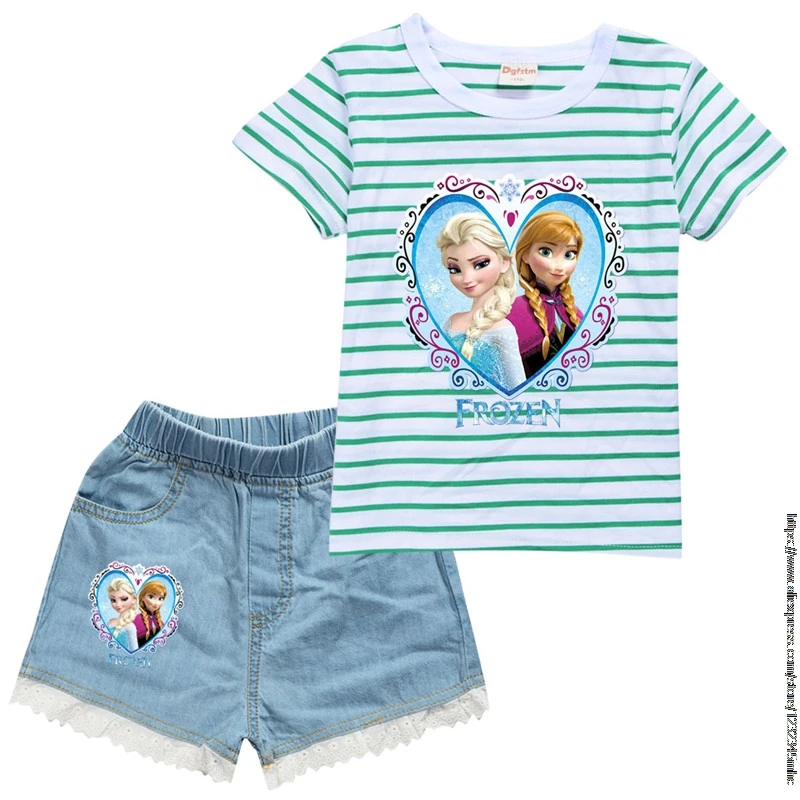 Hot Frozen Elsa Striped Children\'s summer girls cotton short sleeve T-shirt + denim Shorts set birthday gift 2pcs Set