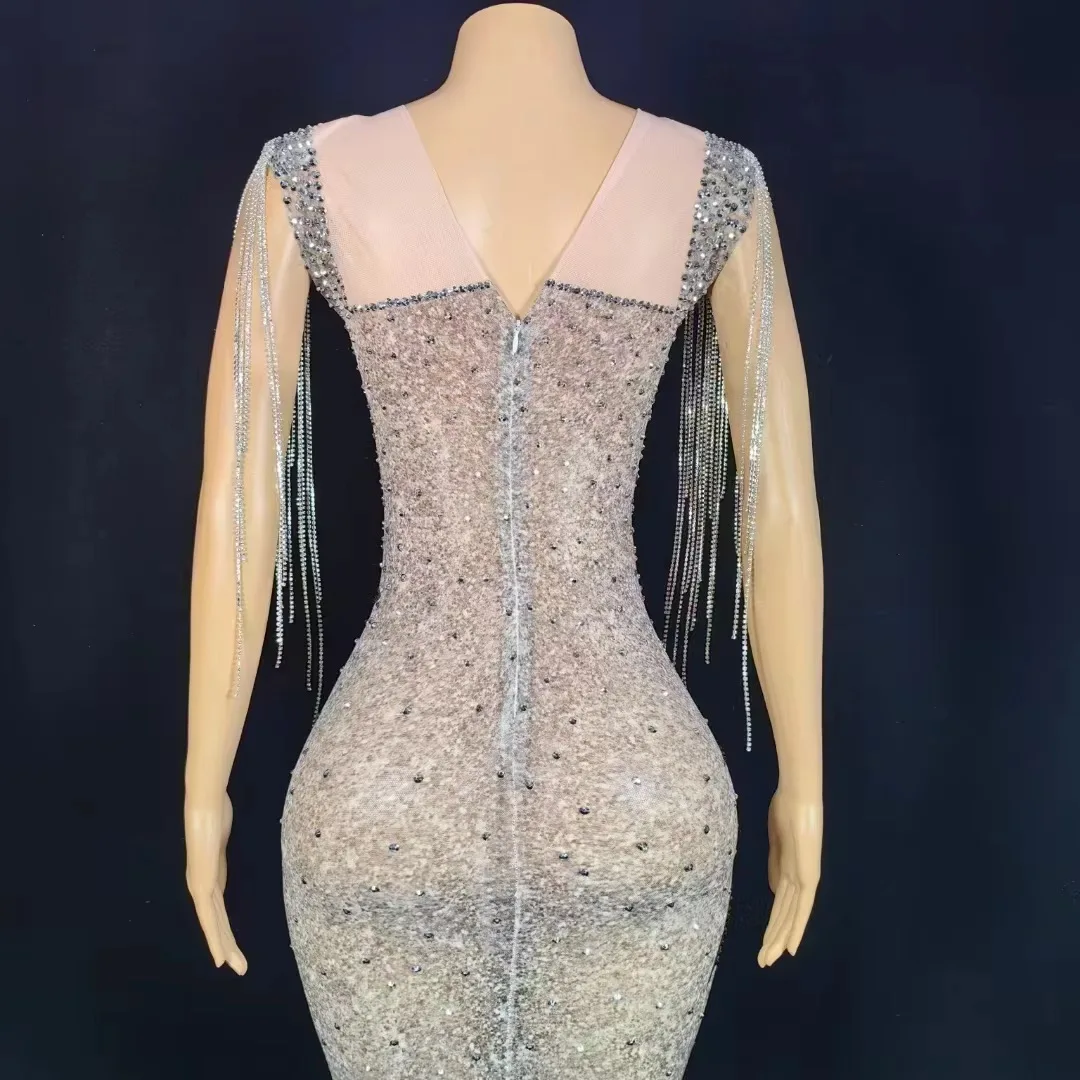 Women Elegant Gowns Stage Night Club Celebrate Performance Costume Sparkly Rhinestones Fringes Mesh See Through Maxi Dress