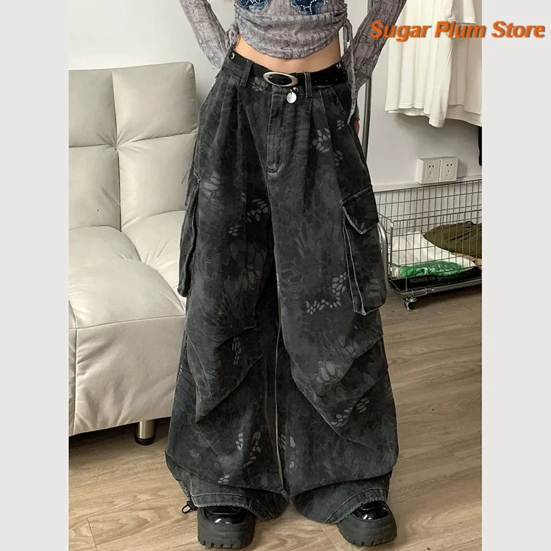 American Retro Camouflage Snake Pattern Tooling Jeans Wide-leg Trend Street Waste Wind Pocket Loose Casual Comfortable Pants
