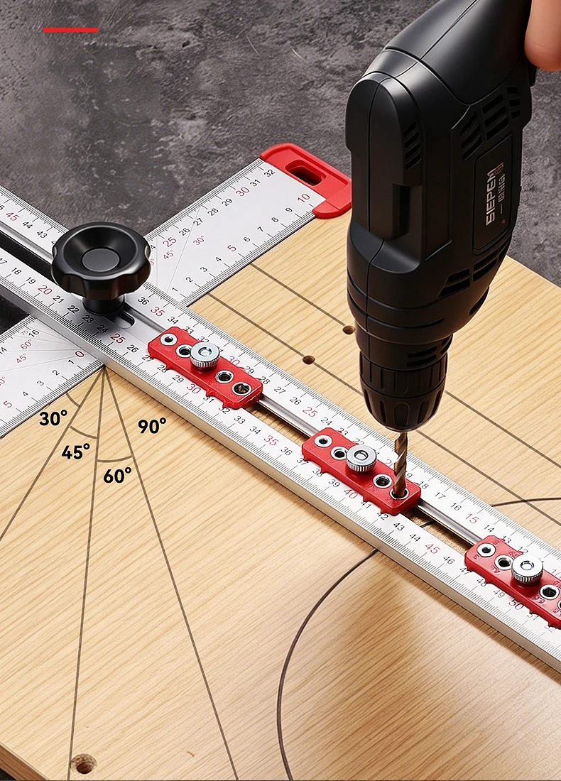 Verstellbares 2-in-1-Bohrwerkzeug für Trockenbau, Positionierungs-Winkelmesser, Schablonen-Bohrvorrichtung aus Aluminiumlegierung für Schrankbeschläge und Türlochbohrungen – Detail 4
