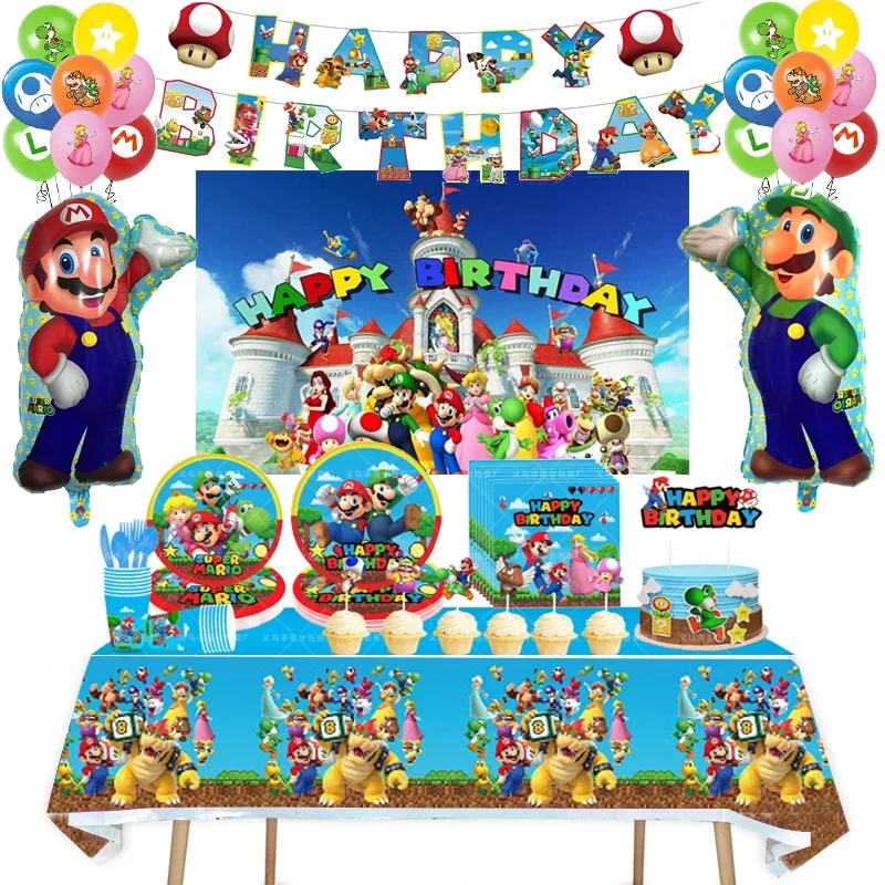 Super Mario Bros Birthday Decoration Baby Shower Party Supplies Backdrop Banner Cup Plates Balloons Cake Topper Fork Girls Gift