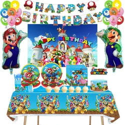 Décoration d'anniversaire Super Mario Bros, fournitures de fête préChristophe, bannière de toile de fond, tasses, assiettes, ballons, garniture de gâteau, fourchette, cadeau pour filles