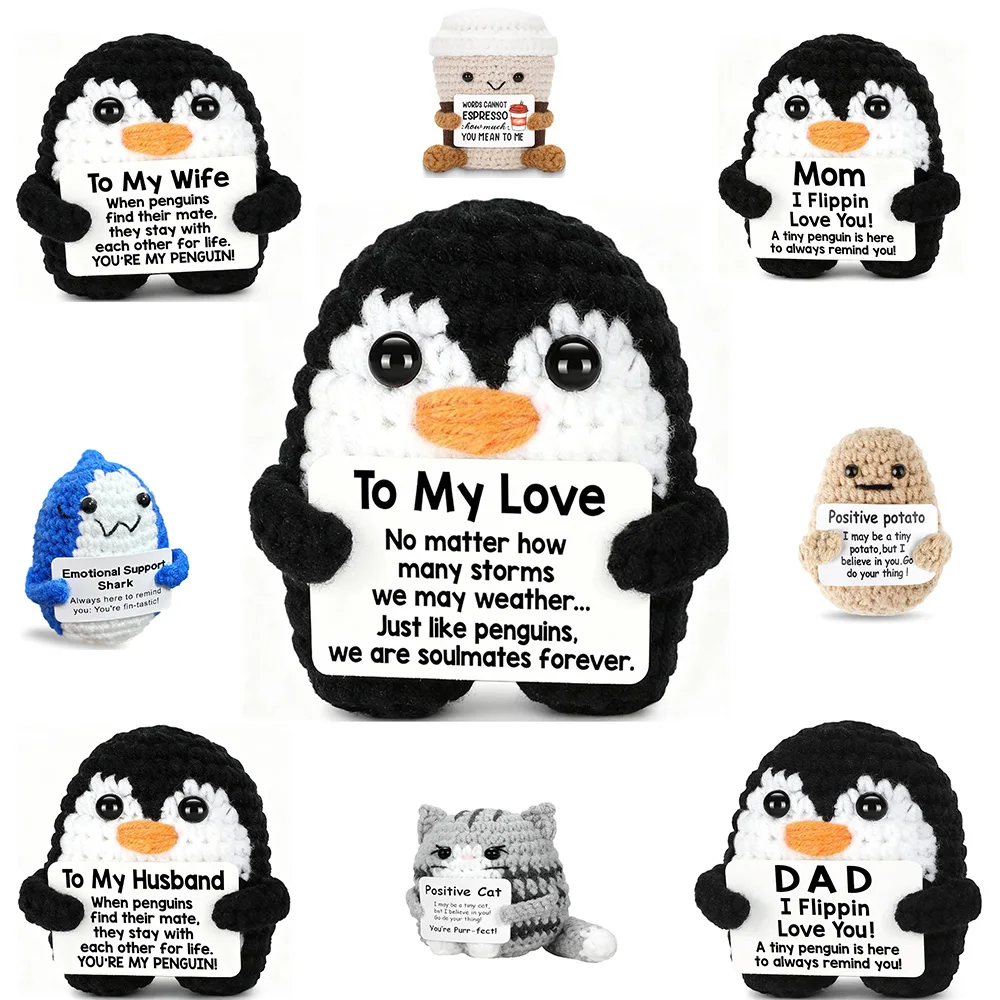 Handmade Crochet Positive Potato Energy Animals Doll Pocket Shark Emotional Support Penguin Coffee Positive Cat Gift Home Decor