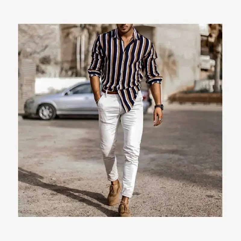 Casual listrado lapela masculina irt longo sve juventude faion especial ajuste largo impresso casual wear para homem