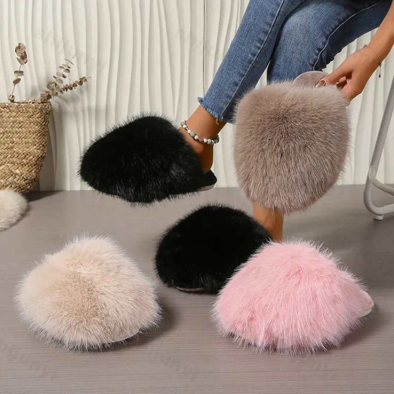 

Women Slippers Winter Faux Fur Fluffy Indoor Home Shoes 2026 Cute Plush Flat Bottom Slippers Warm Plush Fashion House Slippers
