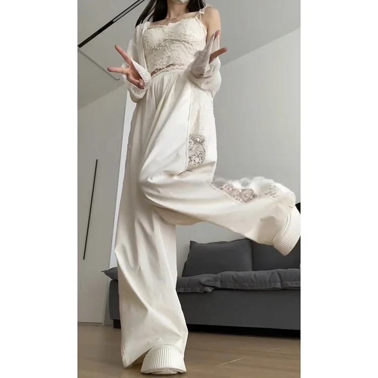 نسيج الحرير الجليد بنطال ذو قصة أرجل واسعة المرأة الصيف جديد Sle حجم صغير الجوف خارج الربط السراويل الكورية Sle Cr الأبيض #3