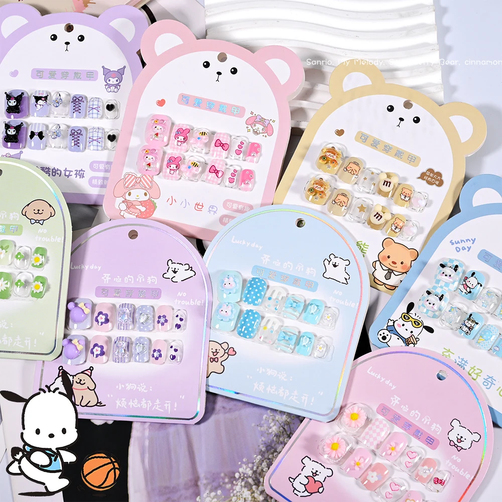 12 szt. MINISO HelloKitty naciśnij na sztuczne paznokcie akcesoria Y2K Kawaii Cartoon Design sztuczne paznokcie krótki odpinany Manicure dziewczyny prezent