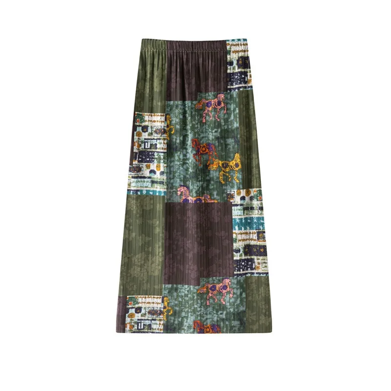 Miyake Pleated 2026 Original Retro Art Print Pleated Skirt Women Summer New Fashion Design High Waist Casual A-line Skirt Pleat