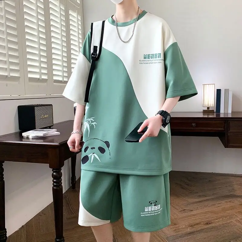 

2025 Summer Teen Leisure Sports Set Men's Fashion Students Handsome Short Sleeve Loose Shorts Two-piece Set