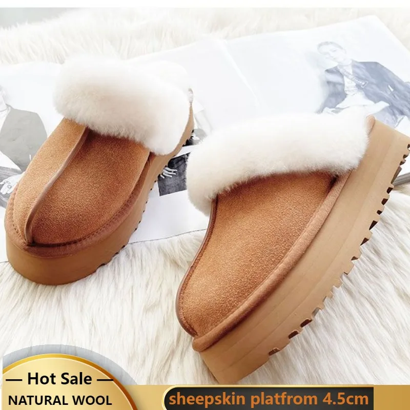 natural Wool slippers women winter platfrom outdoor and home slipper non-slip thick bottom sheepskin shoes