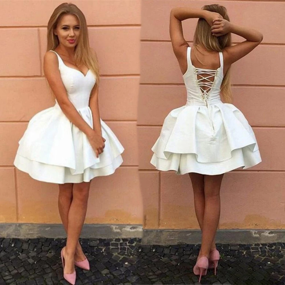 White V-neck Homecoming Dresses with Cross Lace-up Backless Short Cocktail party Dress Homecoming Party Dress For girl prom