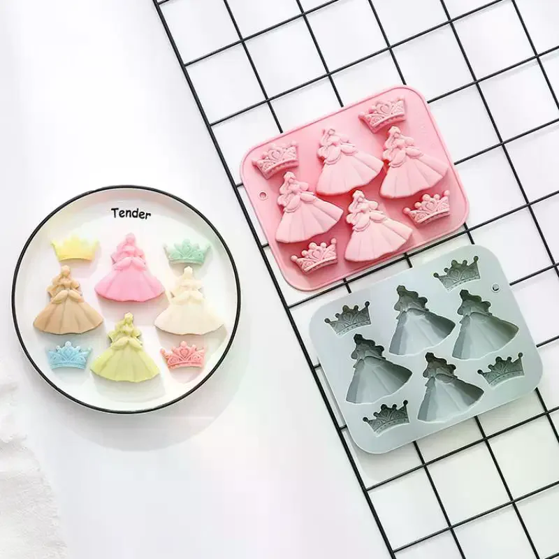 8穴3DプリンセスドレスクラウンシリコンモールドDIYエポキシ樹脂モールドケーキデコレーション