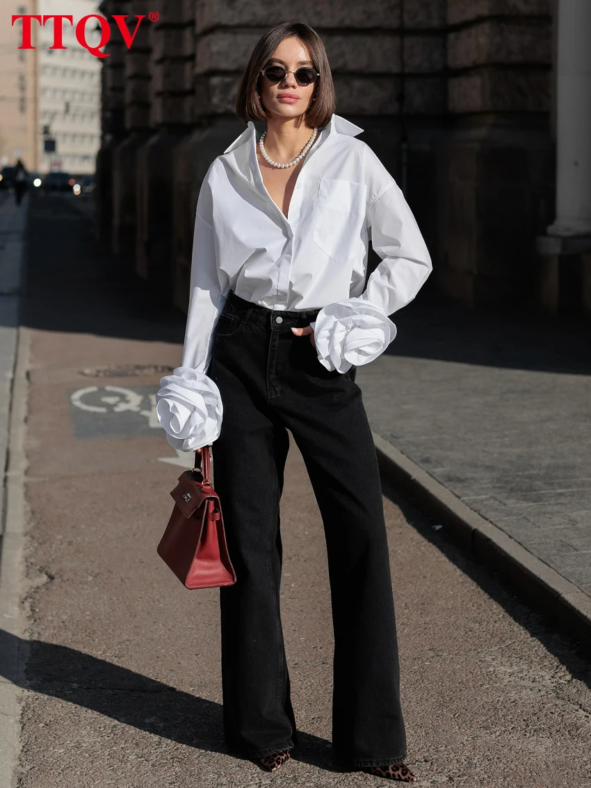 

TTQV Fashion Loose White Cotton Women's Shirt 2025 Casual Lapel Long Sleeve Shirts Elegant Classic Solid Top Female Clothing