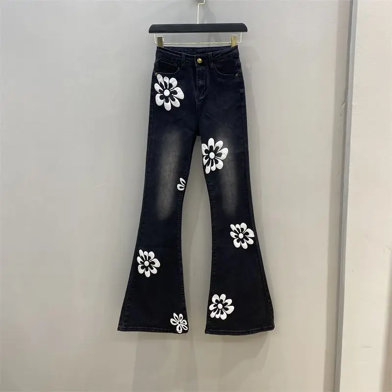 

Flare Jeans Floral Straight High Waist Skinny American Vintage Spring Summer Women Fashion Casual Versatile Slim Denim Pants