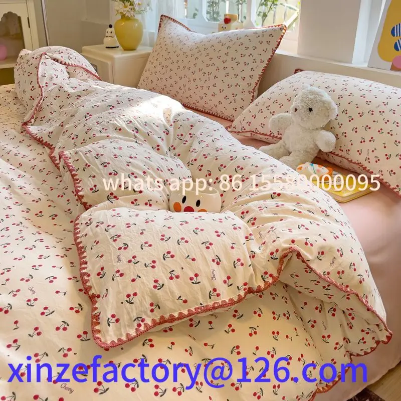 

Customizable Bedding Set Girls Cherry Soft Washed Cotton Bed Sheet Queen King Size Duvet Comforter