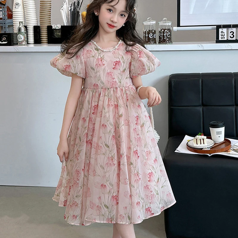 

Girls Summer Dresses 2024 New Girls grace Princess Style Dresses Cute and Fashionable Girls Short Sleeve Bubble Sleeve Dresses