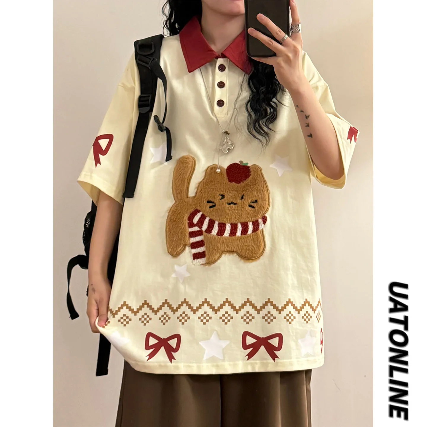 

UATONLINE2026 Summer Cute Embroidery Plush Short Sleeve Shirt Trendy Versatile Pattern T-Shirt for Young Women