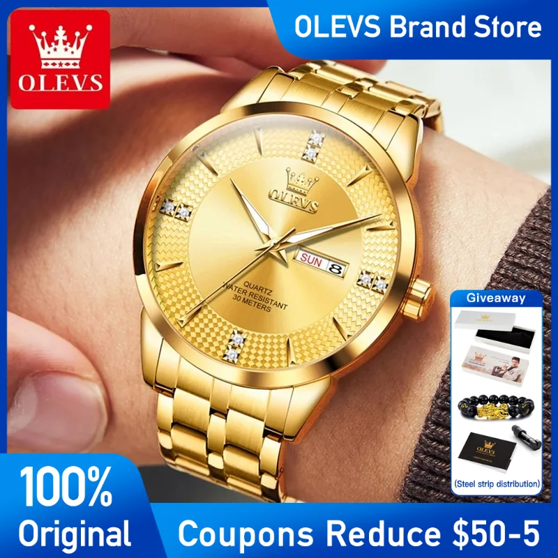 OLEVS 9917 Men Watches Original stainless steel Golden Quartz WristwatchDiamond Scale Reloj  Waterproof Luminous Date Display W