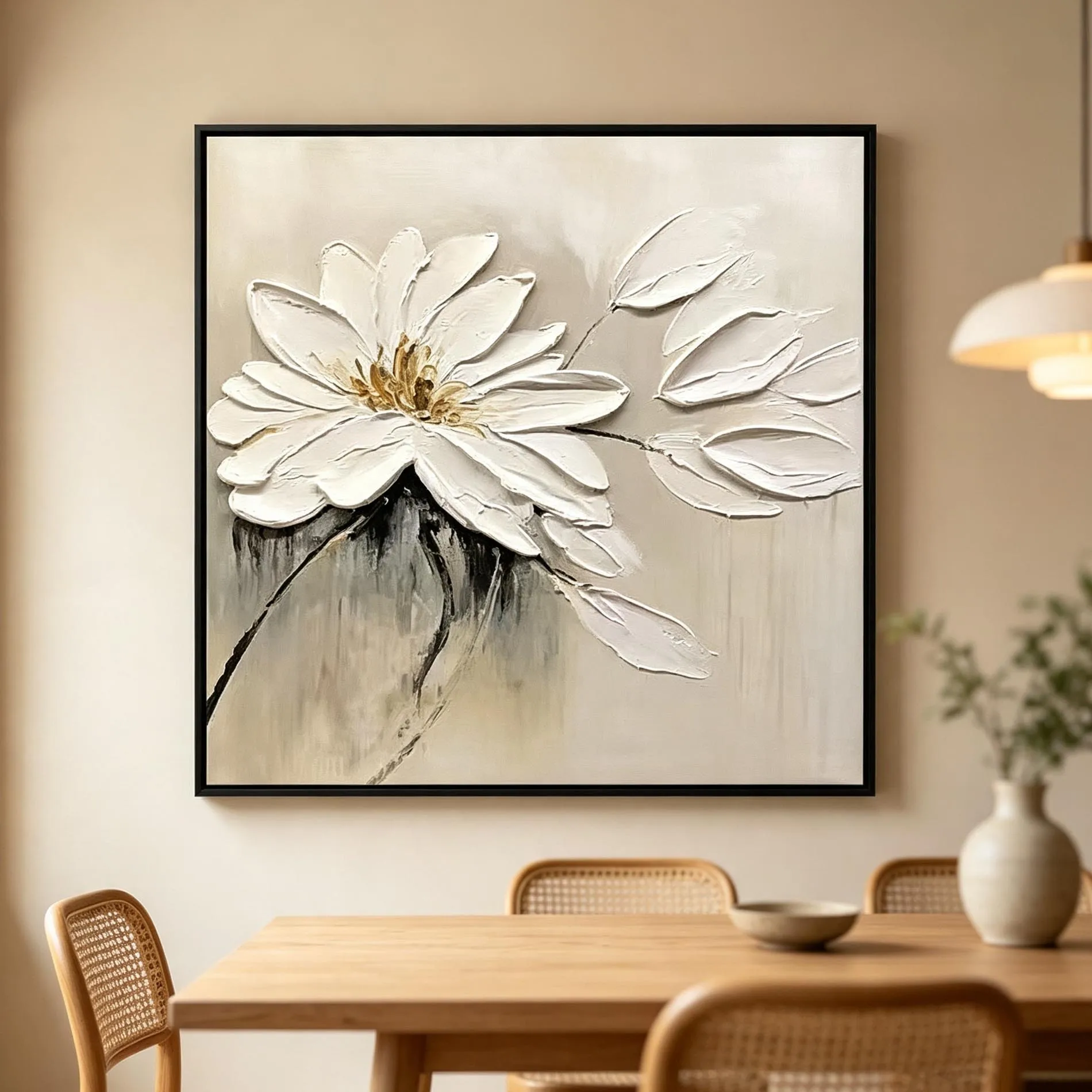 3D Impasto White Floral Oil Painting, Handmade Palette Knife Botanical Canvas Art, Neutral Tone Flower Wall Art for Bedroom