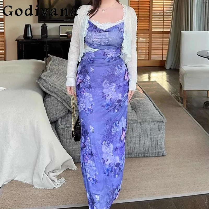 

Large Size XL-4XL Elegant Purple Butterfly Print Suspender Dress Summer New Sweet Girl High Waist Lace Temperament Long Dresses