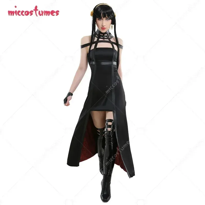 25COSMiccostumes Disfraz de Yor para mujer, vestido gótico halter negro con medias, accesorios para la cabeza, pendientes