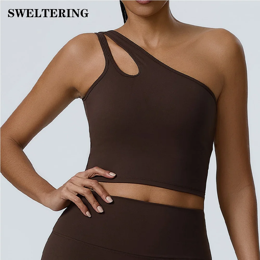 

Single Shoulder Bra Gym Top Women Sports Underwear High Support Impact Fitness Bras Scrunch Workout Yoga Tank Push Up Running