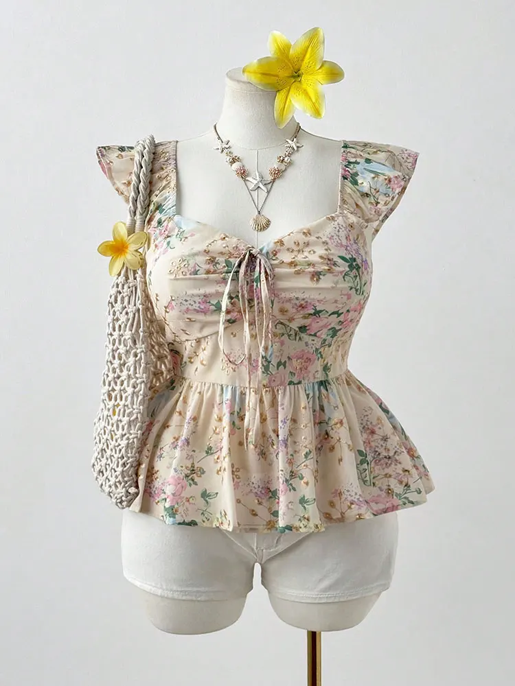 New Embroidery Floral Plus Size Short Corset Waist Ruffle Flutter Sleeve Vest Top Square Neck Drawstring Tie Beige Women Clothes view 3