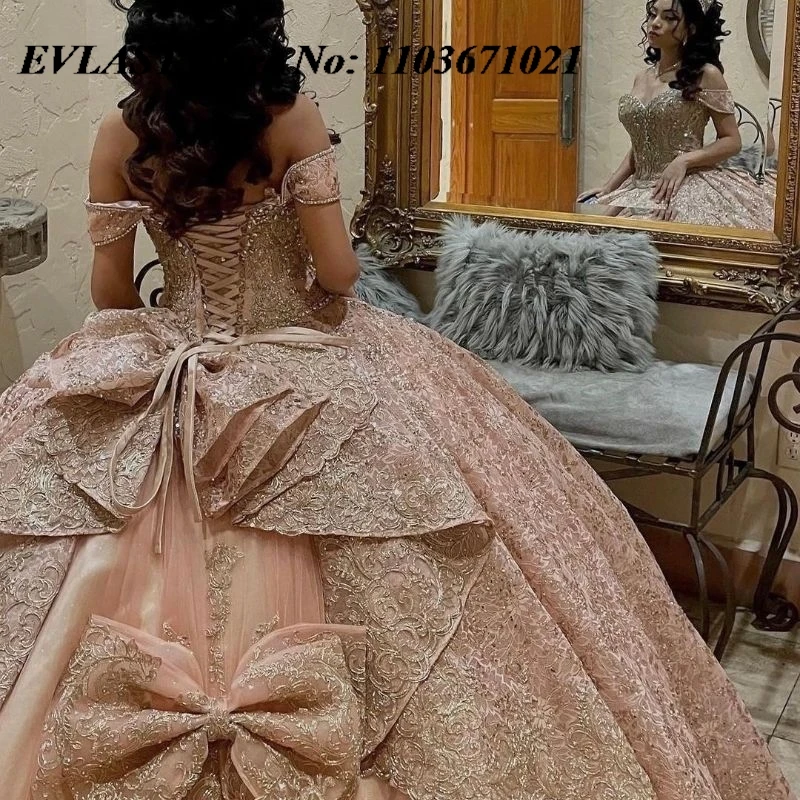 EVLAST Customized Pink Quinceanera Dress Ball Gown Sequins Lace Applique Beading Bow Corset Sweet 16 Vestidos De XV 15 Anos SQ1