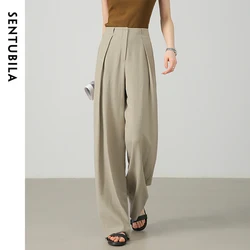 SENTUBILA Texture Linen Pants for Women 2024 Autumn Loose Fit Solid Elastic Waist Folds Comfort Wide Leg Pants 143K57611X