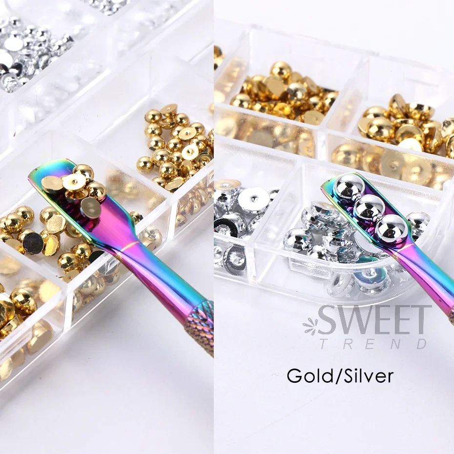 12 Grids Gold Silver Pearl Beads Nail Charms Half Round Flatback Ball Jewelry Metal Semicircle DIY Accessories Craft Decoration