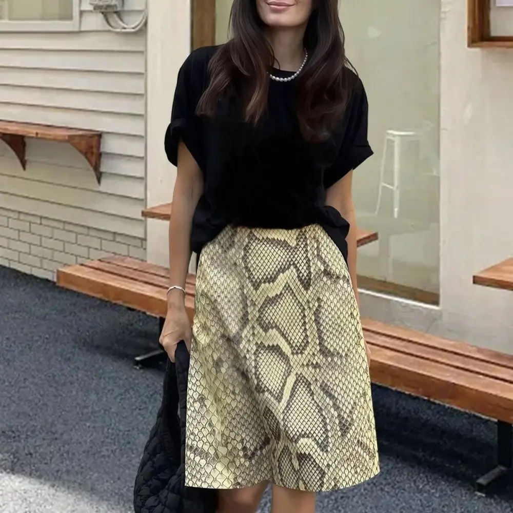 Slim Fit Leopard Straight Skirt Midi Length Serpentine Print High Waist Half Dress Summer Contrast Patchwork Women Long Skirt