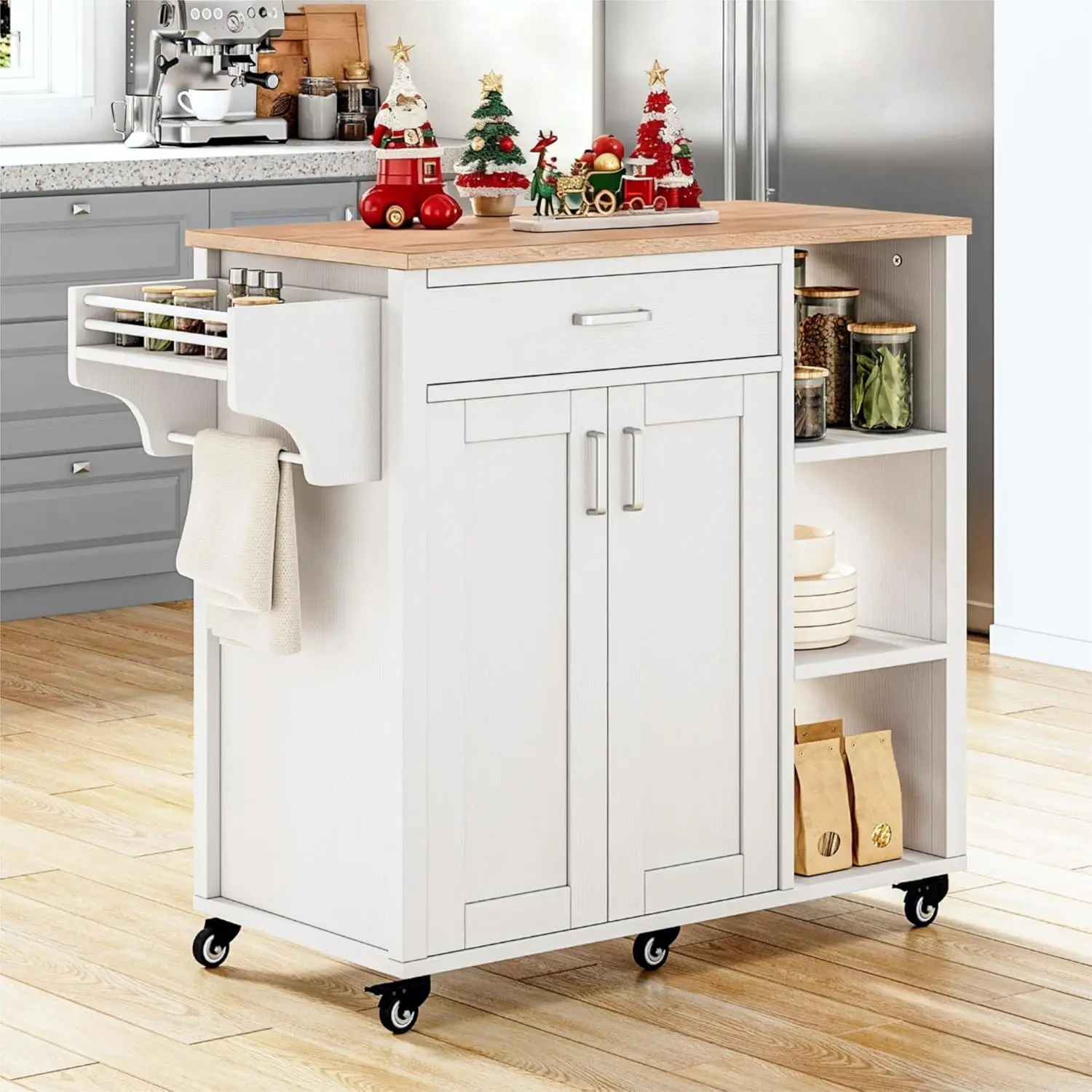 

37 Rolling Kitchen Island Cart with Storage, Butcher Block Island on Wheels, Mobile Kitchen Storage Carts with Shelves