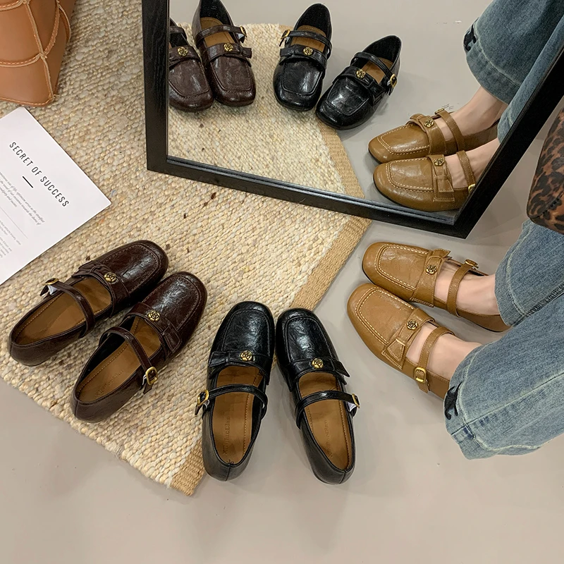 Women Square Toe Mary Jane Flats Metal Rose Buckle Strap Soft Leather Retro Casual Shoes Multicolor Office Daily Footwear