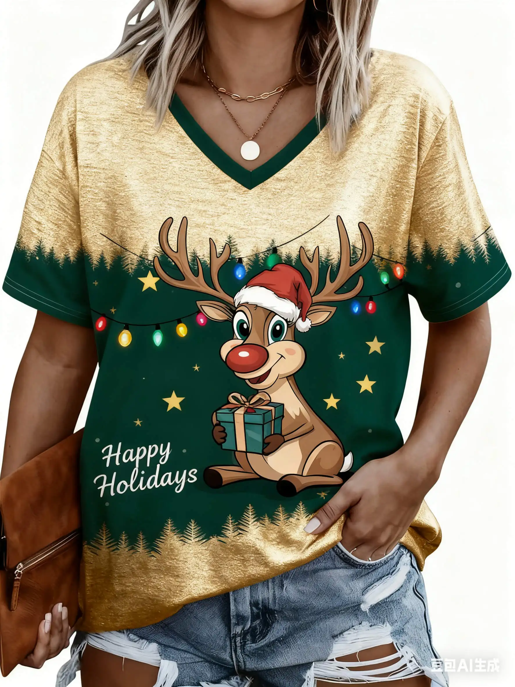 

Cartoon Christmas Elk Print Women's T-Shirts Casual V-neck Short Sleeve Tops Fashion Ladies X'mas Tees Breathable Loose T shirt
