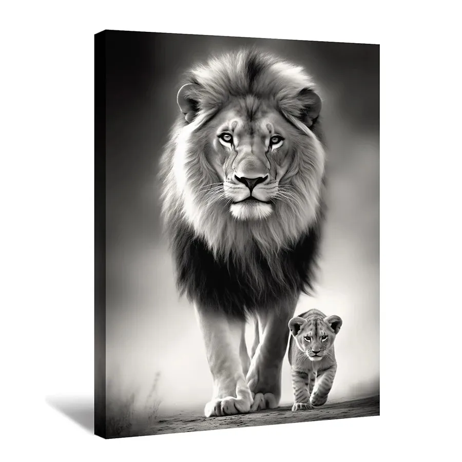 Black and White Animal Art Lion and Cub Poster Printing, Modern Wall Art Canvas Painting for Living Room Home Decoration