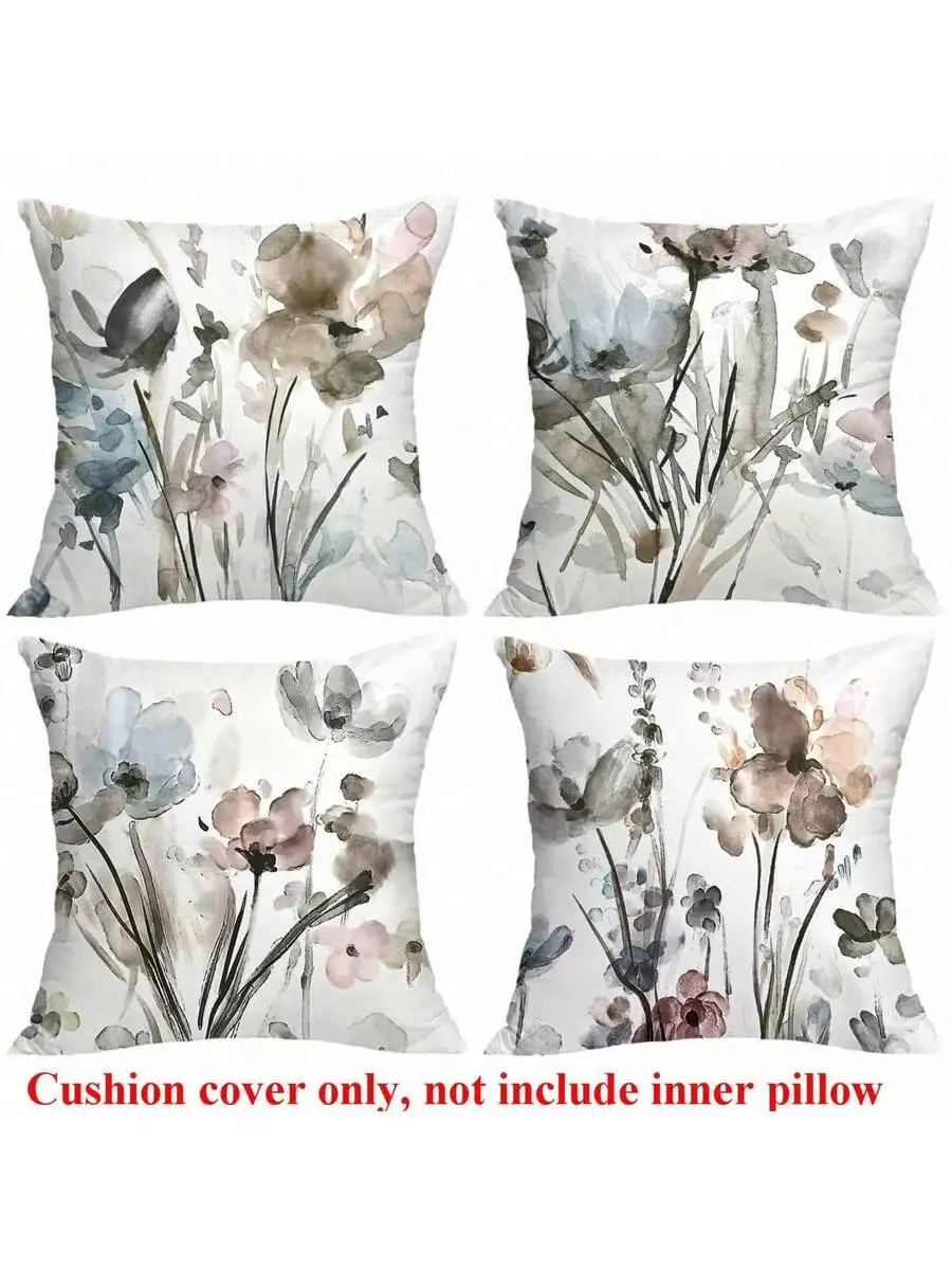 4pcs Orange Floral Pattern Cushion Covers, Single-Sided Printing, Square Pillow Covers For Living Room Sofa Bedroom, Suitable