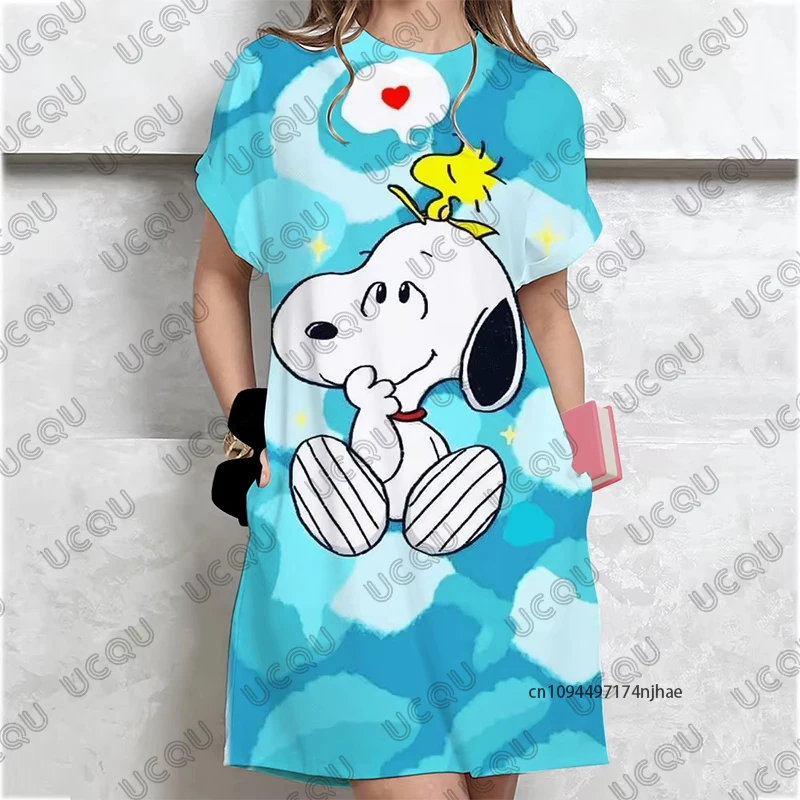 MINISO Nowa Urocza Sukienka Damska z Nadrukiem Snoopy, Letnia, Seksowna, Krótki Rękaw, Sukienka-T-shirt, Imprezowa, Codzienna, Modna, Luźna Sukienka Damska