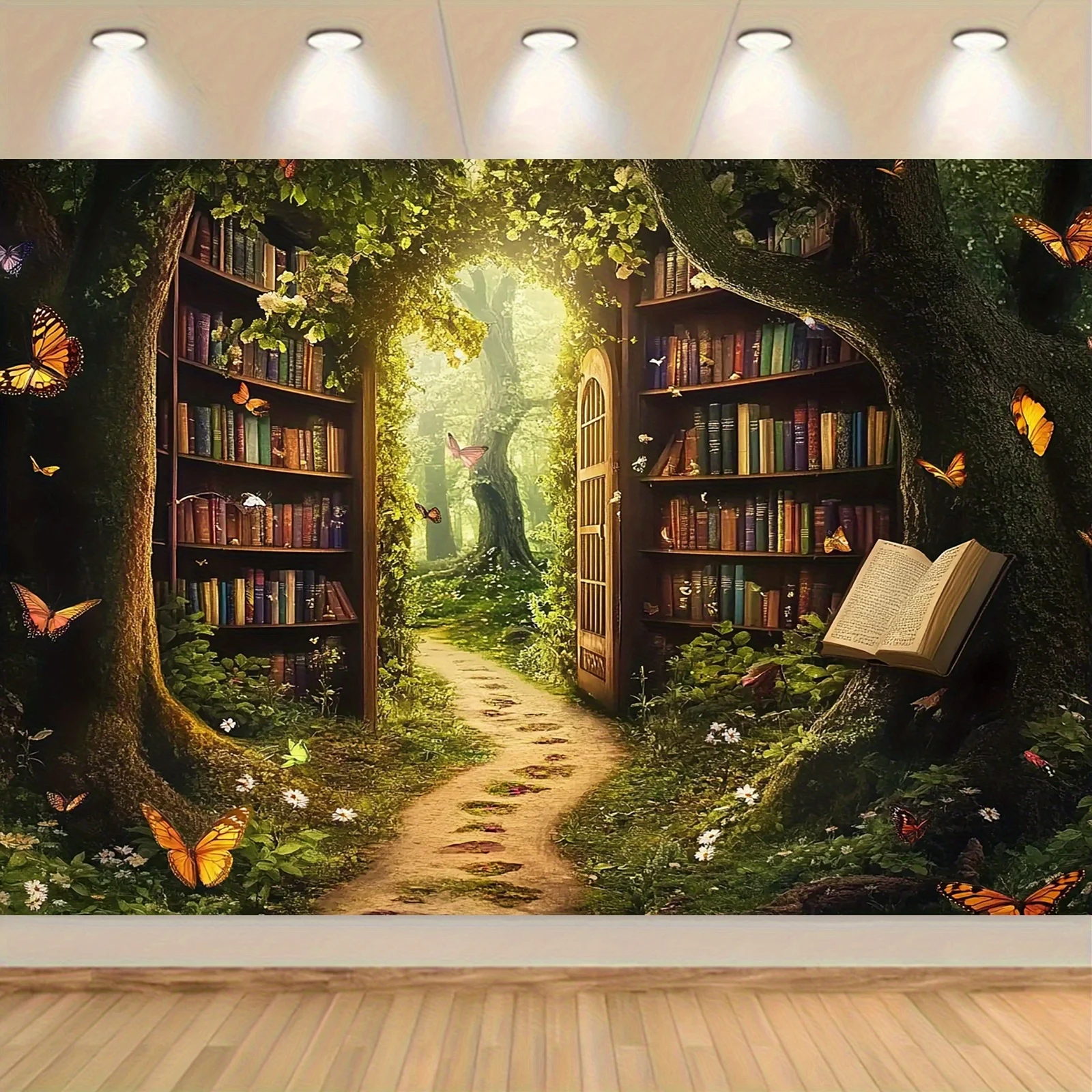 1 piece, Magic Forest Library background banner - Fairy Tale World theme, with bookshelf, butterflies and flowers view 2