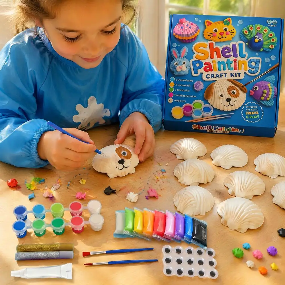 1/2 Sets DIY Shells Painting Craft Kit with Natural Shells Modeling Clay Pigments Glue Eyes DIY Seashell Art Crafts Supplies Set