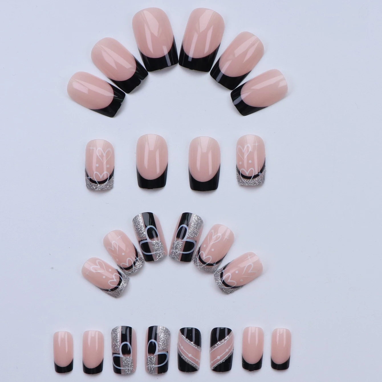 24 Stück schwarze, quadratische, silberne Glitzer-Kunstnägel, abnehmbarer und wiederverwendbarer Jelly-Kleber, 1 Stück Nagelhautschieber, geeignet für Mädchen und Frauen – Detail 2