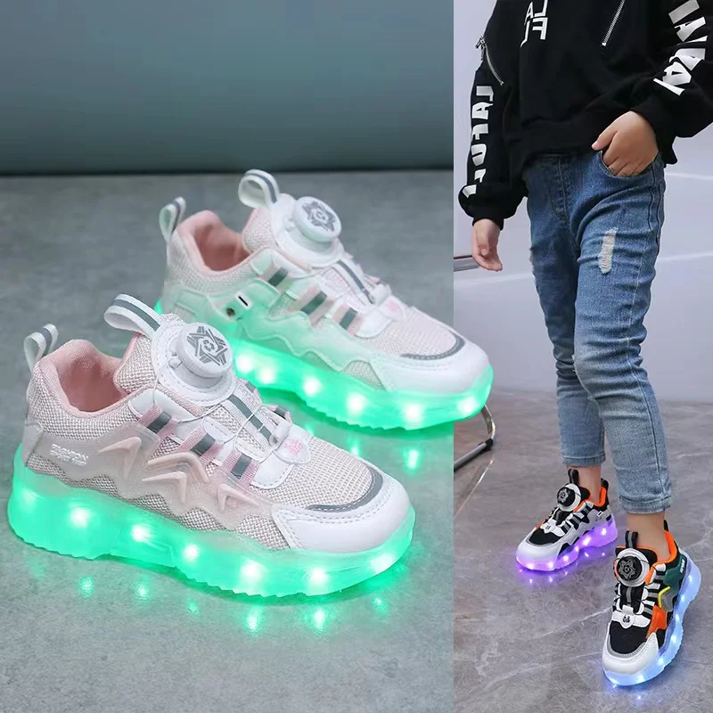 New Rotating button charging colorful luminous shoes sports bright light shoes children\'s shoes boys and girls luminous shoes