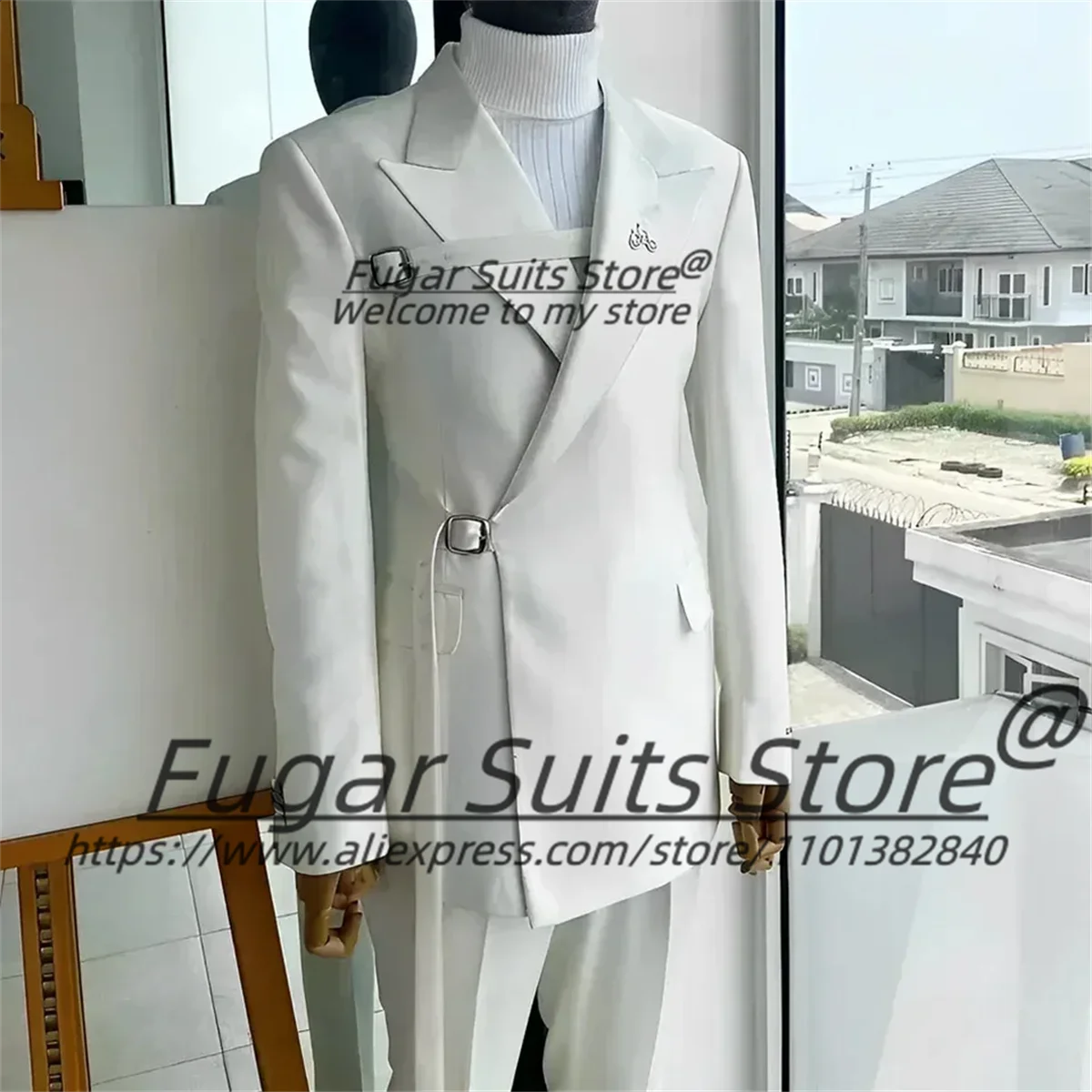 American style Fashion White Men Suits Slim Fit Peak Lapel Groom Wedding Tuxedos 2 Pieces Sets Casual Male Blazer Costume Homme