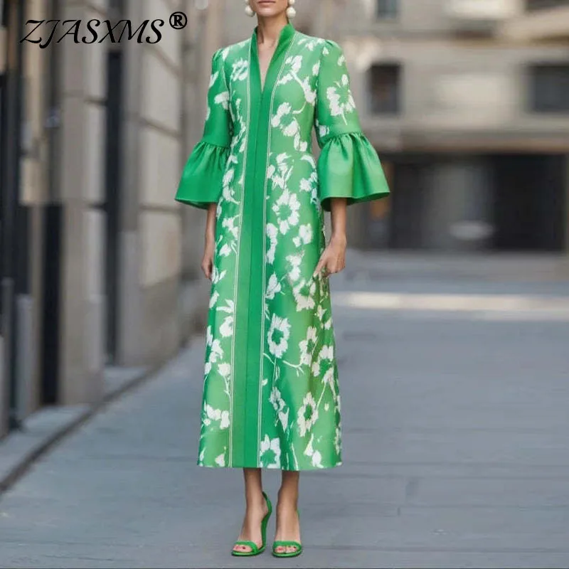 French Style Floral Print Elegant Party Dresses Woman Sexy V Neck Slim A-Line Long Dress Autumn Flare Sleeve Vacation Maxi Dress
