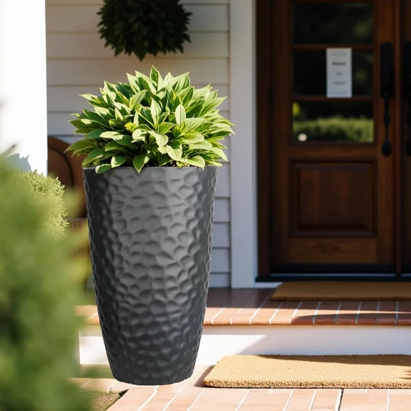 

Garden 24" H Tall Hammered Texture Planters Set of 2 - Matte Black Plastic Flower Pot with Drainage Holes