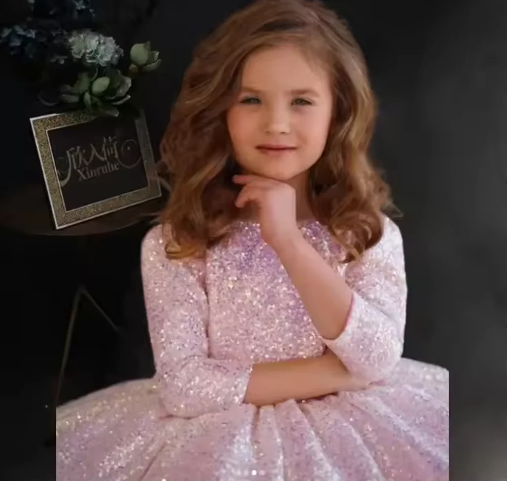 Robe de soirée rose scintillante pour petites filles, vêtements bouffants en Tulle pour filles, vêtements Eid, robes pour Occasions spéciales, fleur, nouvelle collection 2025