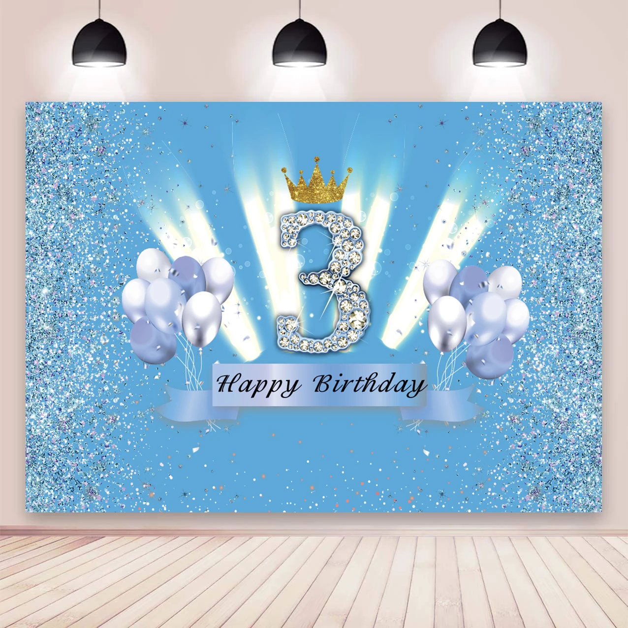 Blue 3rd Backdrop Glod Crown Newborn Baby Shower Prince Boys 3 Years Old Birthday Party Photo Background Photocall Prop Banner