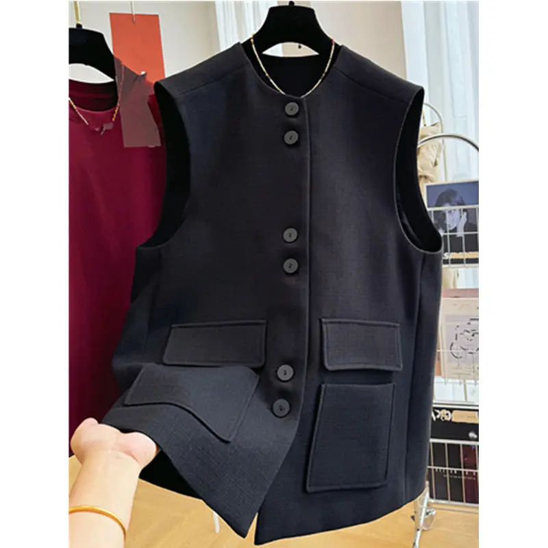

Women Spring Autumn Vest Trendy Waistcoat O-Neck Crop Sleeveless Suit Vest Outerwear Jacket Layering Temperament Fashion