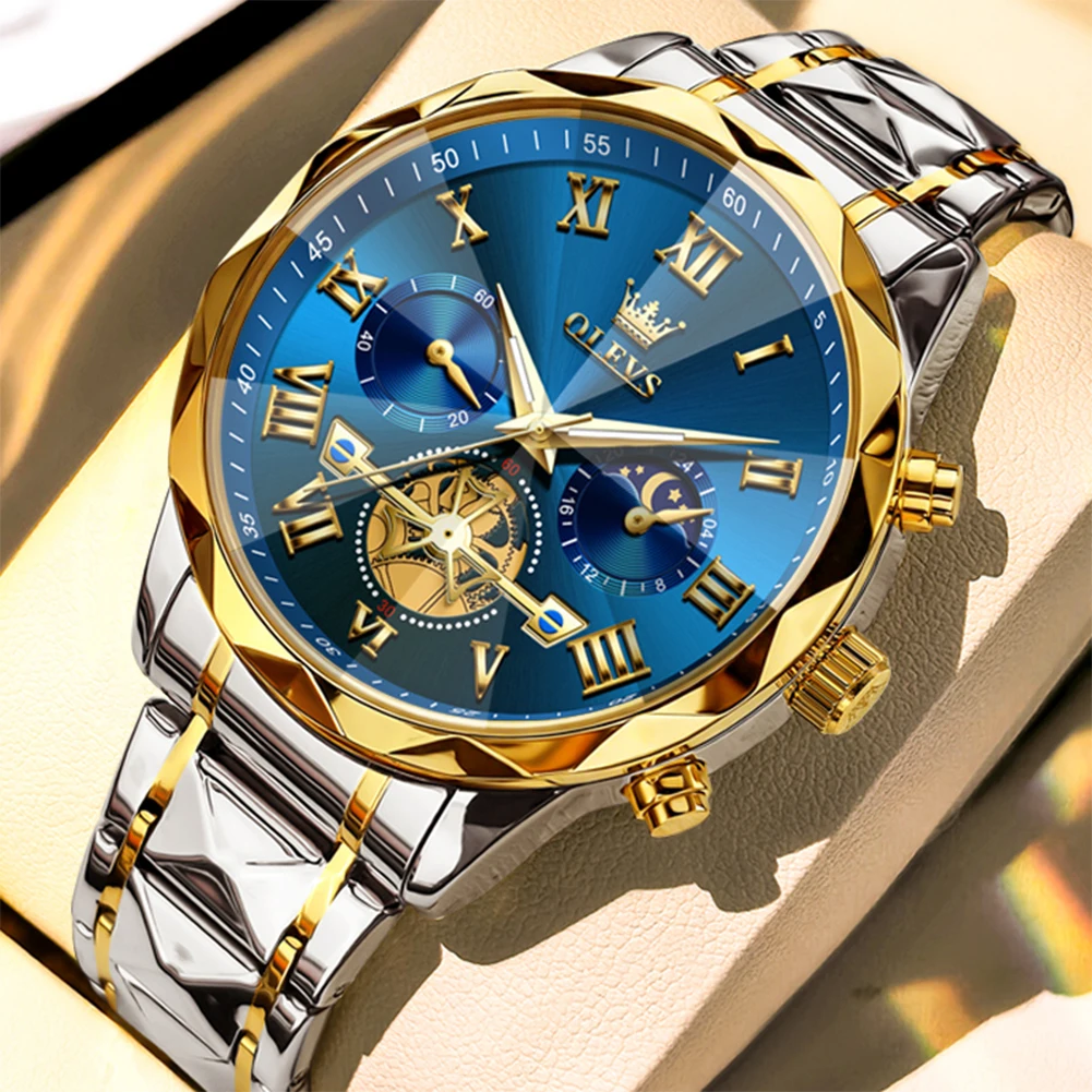 Fashion OLEVS Tourbillon Men Wristwatch Moon Phase Blue Dial Roman Number Luminous Waterproof Quartz Watch Man Luxury Gift