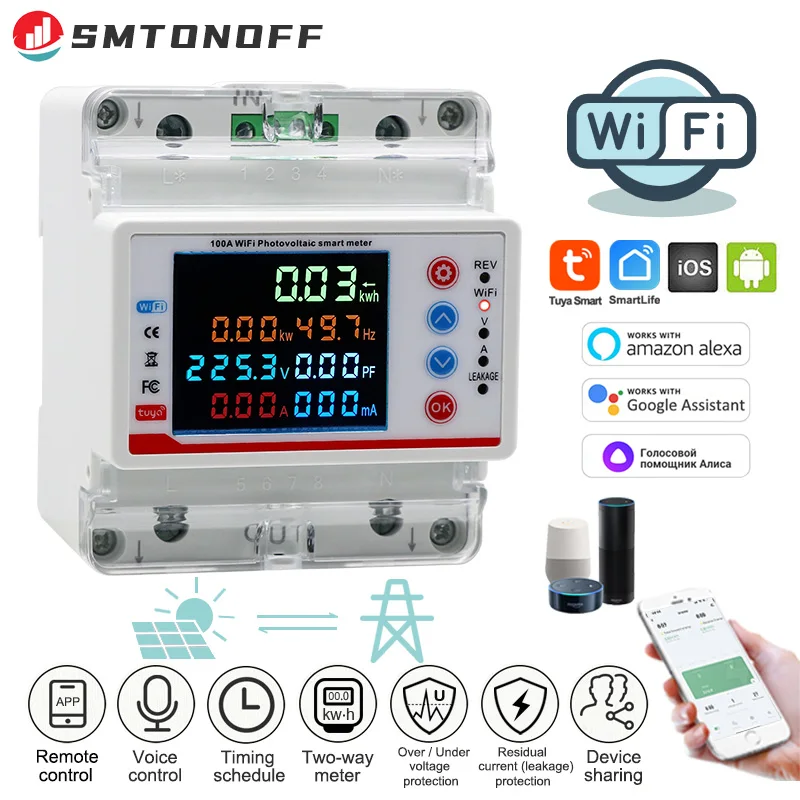 Tuya Smart Life WiFi jednofazowy monitor energii 100A dwukierunkowy licznik płatny wstecznie automatyczne ponowne zamykanie zabezpieczenie przed napięciem i prądem